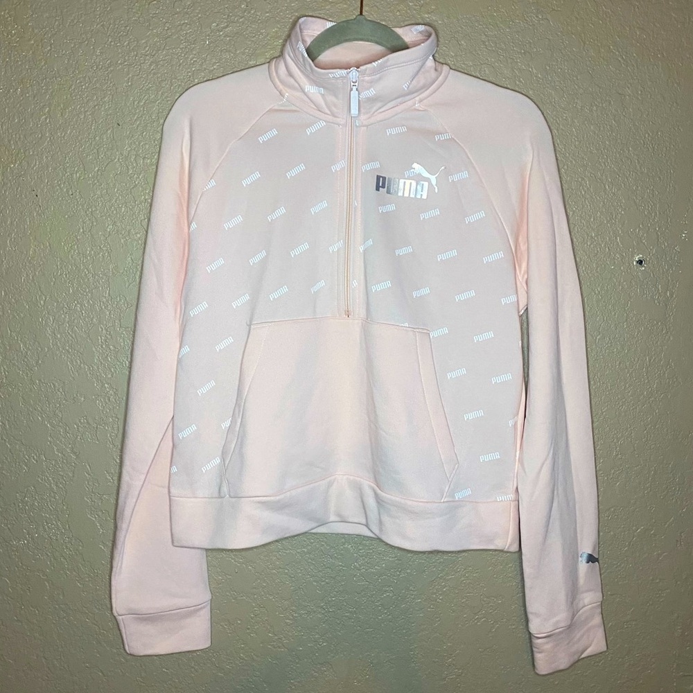 Puma Quarter Zip blush pink logo sweater NWT